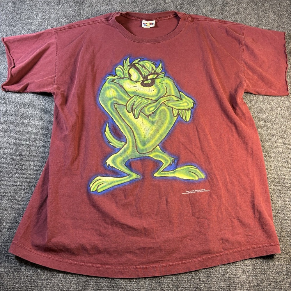 Looney Tunes Taz T-Shirt Mens XL Maroon 1996 Vintage Neon Graphic Sun Sportswear